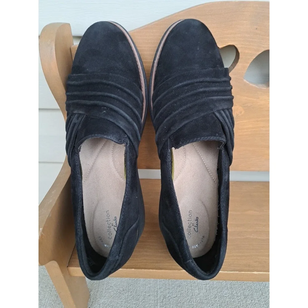 Clarks Women's Black Leather Suede Sharon Villa Loafers Wedge Comfort Shoes 11 M